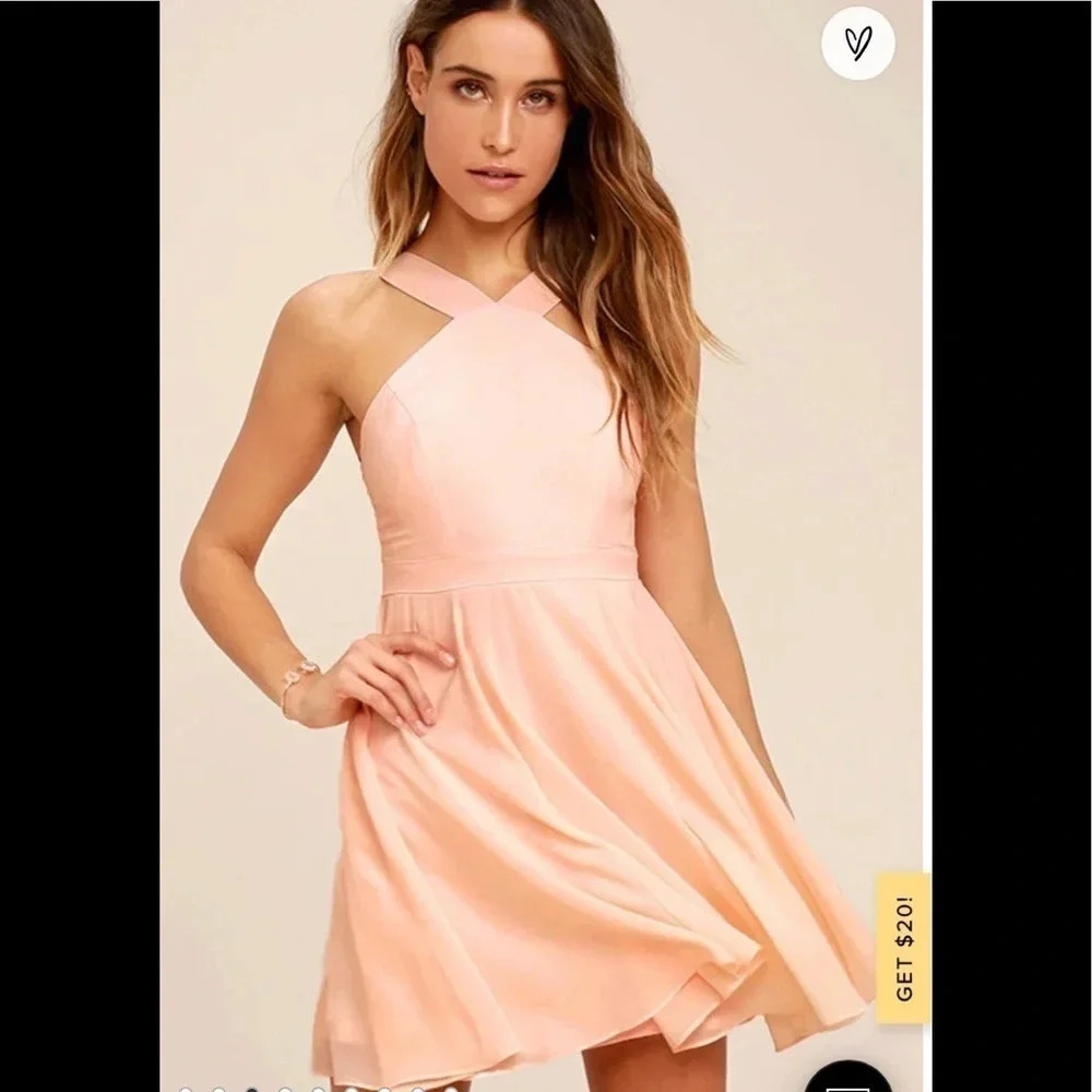 Lulus Forevermore Skater Peach Dress size XS halter neckline bodice wedding